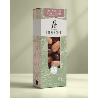 Amandes 3 Chocolats – Amandes enrobées de gianduja à la cannelle et de chocolat noir, lait et blanc