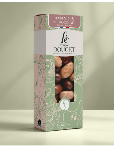 Amandes 3 Chocolats – Amandes enrobées de gianduja à la cannelle et de chocolat noir, lait et blanc